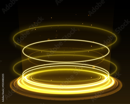 Yellow beams of light rise from a circular platform, simulating the process of teleportation. Sparks and glow add a magical and futuristic touch. Perfect for fantasy and sci-fi scenes.