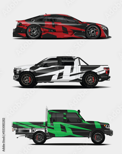 Three Customized Vehicles with Bold Graphic Wraps Against a Light Background