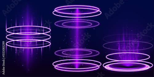 Realistic beam stage for teleportation with glowing light effects and shining particles. Looks like a magical podium ready for character transformation. Dark background enhances contrast.