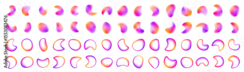 Set of spot multicolored brush strokes. Gradient Abstract shapes colorful fluid paint. Like flames suspended in space, these colorful shapes blend seamlessly. Vector illustration PNG.