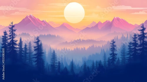Serene Misty Landscape with Fir Forest in Hipster Vintage Retro Style