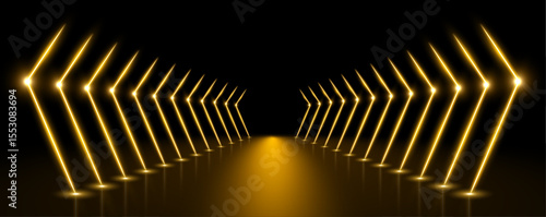 Abstract space tunnel interior. Yellow neon light illuminating an endless geometric tunnel creating. Shining gold beams form luminous perspective pathway for motion.