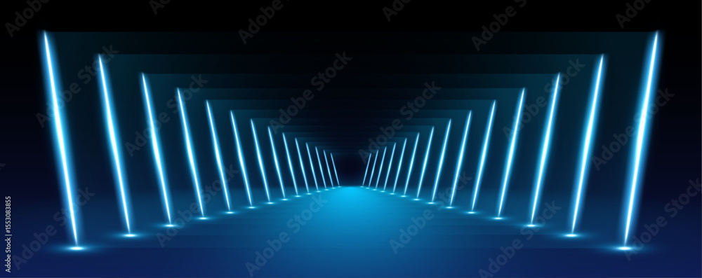 Obraz premium Electric neon lines in virtual reality tunnel. Glowing neon lines create a vibrant spectrum in an abstract 3D tunnel. The pink and blue colors form a square portal that leads into the unknown. 