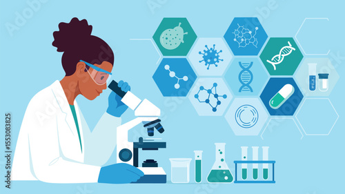 Microscope Research Scene – Scientist Illustration with DNA, Virus, and Lab Symbols in Minimalist Style.