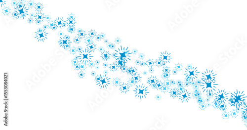 A dynamic and sparkling wave of blue starbursts and sparkles cascades across a clean white background creating a festive and celebratory abstract design