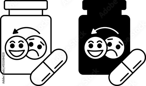 Antidepressant Icons. Black and White Vector Illustration. Psychotropic Drugs for Treating Depression and Other Mental Illnesses. Psychology Concept