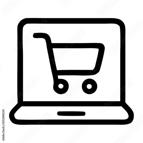 Simple Outline Laptop with Shopping Cart for Online Store Icon