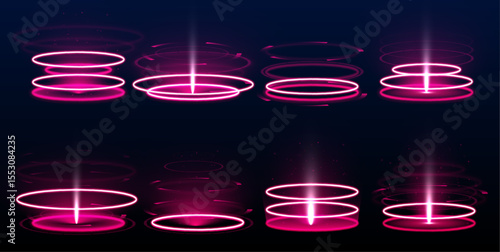 Realistic beam stage for teleportation with glowing light effects and shining particles. Looks like a magical podium ready for character transformation. Dark background enhances contrast.