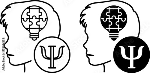 Child Psychology Icons. Black and White Vector Illustrations. Child Head, Light Bulb with Puzzles and Psychologist Sign. Solve Children's Problems. Mental Health