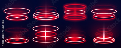 Magic portal made of glowing neon rings and digital sparkles hovers on a transparent background. Suitable for both fantasy and tech settings. Dynamic and captivating visuals.