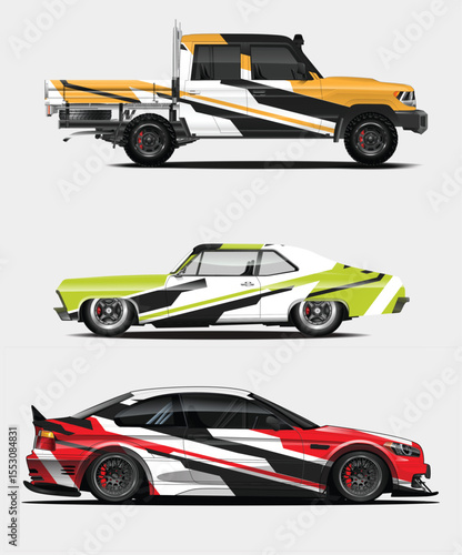 Three Digitally Rendered Cars with Custom Paint Jobs and Unique Body Styles