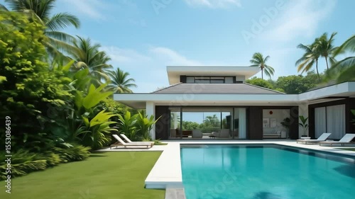 Wallpaper Mural Modern tropical villa with private pool. Luxury vacation in exotic resort. Palm trees, jungle greenery, minimalist architecture. 4k video Torontodigital.ca