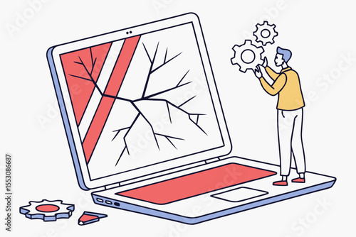 Vector illustration of computer damage concept with minimalist laptop design showing geometric crack patterns perfect for technical support materials and technology failure graphics
