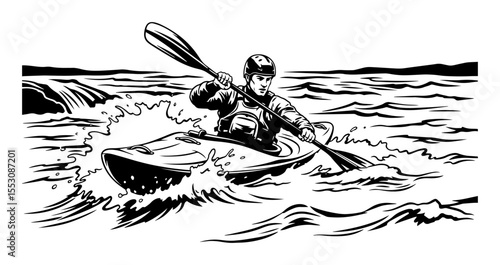 Black and white vector of a kayaker paddling through river rapids, perfect for adventure, sports, and outdoor themes
