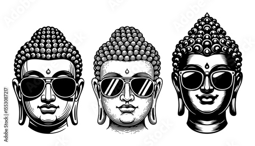 Buddha faces with sunglasses black and white vector