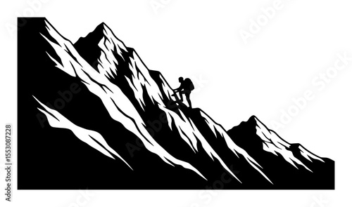 Mountain climber silhouette on steep slope black and white vector