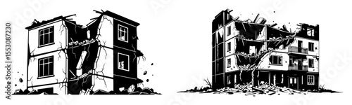 Destroyed buildings ruins postapocalyptic black and white vecto