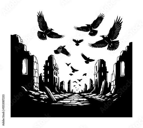 Post-apocalyptic city ruins with flying crows black and white vector