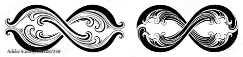 Infinity symbols with waves black and white vector illustration