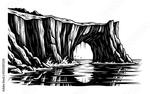 Coastal cliff with natural arch black and white vector illustration