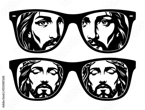 Stylized sunglasses reflecting a bearded man’s face, hand-drawn in black and white with artistic, bold contrast and a surreal twist
