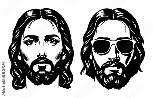 Split portrait of a bearded man with and without sunglasses, stylized in bold black and white lines, blending modern and vintage looks