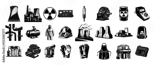 black and white vector set of nuclear energy, radiation and safety equipment icons