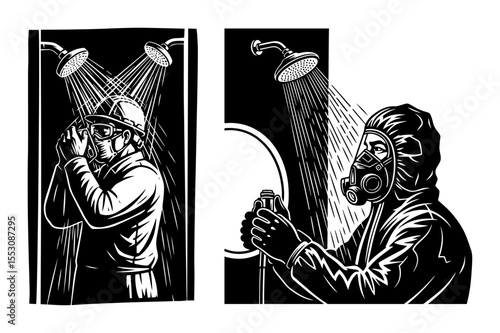 Industrial and hazmat workers under safety showers, illustrated in gritty black and white style, evoking decontamination and emergency protocols