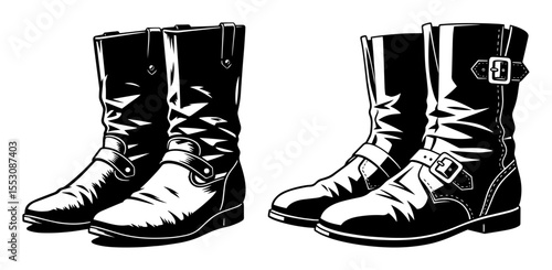 Sturdy leather boots with buckles, illustrated in bold black and white, ideal for vintage fashion, biker culture, or military style themes