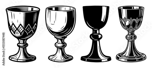 antique chalices line art vector sketch