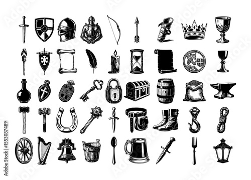 medieval vector icon set – knights, weapons, scrolls and symbols