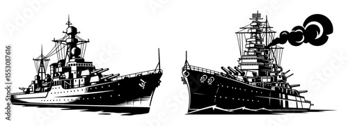 battleships at sea – vintage navy warship vector set