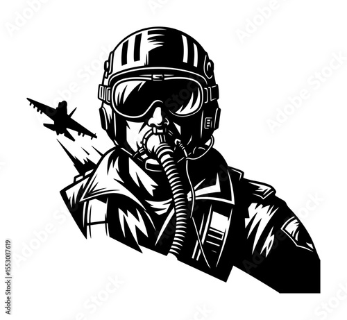 bold black and white vector of a fighter jet pilot in helmet and mask with plane silhouette