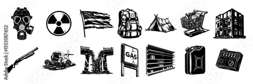 black and white vector set of postapocalyptic icons including weapons, gas mask, shelter, supplies and radiation symbol, ideal for survival or doomsday themes