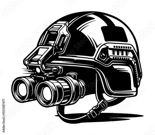 detailed black and white vector of a tactical helmet with attached night vision goggles