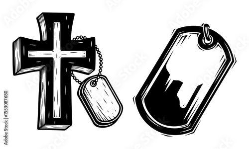 black and white vector showing a cross with a military dog tag, symbolizing remembrance