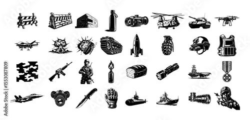 military icons set vector black and white collection

