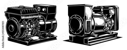 black and white vector of two different electric generators in retro style