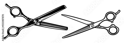 barber scissors set, black and white vector with open and closed shears in vintage style