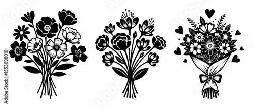 Black and white vector set of three different flower bouquets, perfect for decoration, nature, and wedding themes