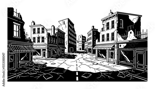abandoned city street with damaged buildings, black and white post-apocalyptic vector