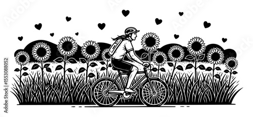 woman cycling through sunflower field, romantic black and white vector in summer landscape