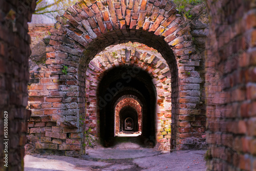 destroyed brick arch old brickwork corridor long dark corridor under the open sky