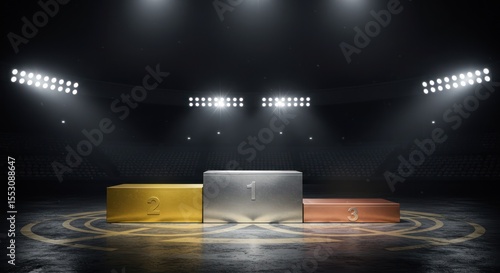 Victory Podium Gold, Silver, Bronze Medals on Illuminated Stage