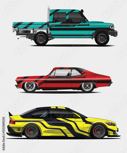 Three Custom Cars Off Road Truck Classic Muscle Car and Modern Tuner