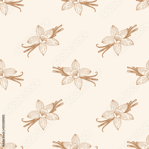 Pattern with aromatic spices Vanilla flowers and vanilla beans. Gold contour drawing on creme background.