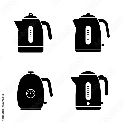 Four Modern Electric Kettle Icons: Minimalist Black and White Illustrations for Website or App Design.