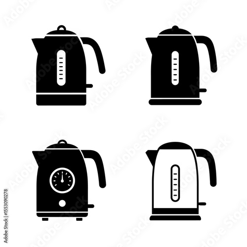 Four Modern Electric Kettle Icons: Minimalist Black and White Illustrations for Website or App Design.