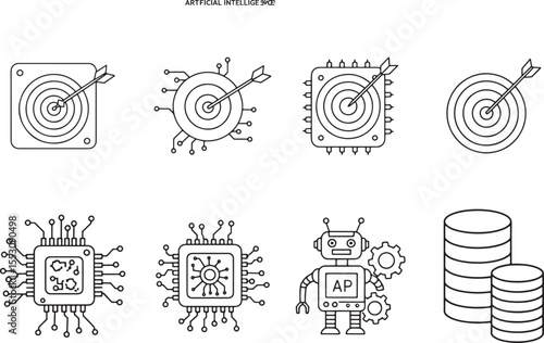 AI and Data Strategy Icon Set – Minimalist Black and White Vector Illustrations of Targeting, Microchips, Robots, and Data Storage
