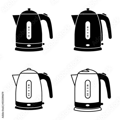 Four Modern Electric Kettle Icons: Minimalist Black and White Illustrations for Website or App Design.